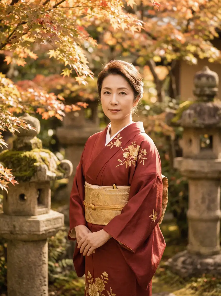 一位身穿暗红色和服的优雅 阿里体育平台 在日式庭院中