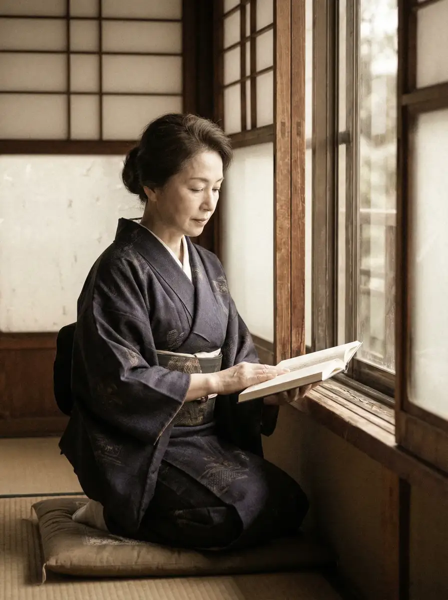 一位优雅的五十岁 阿里体育平台 身穿深蓝色和服，在窗边静读