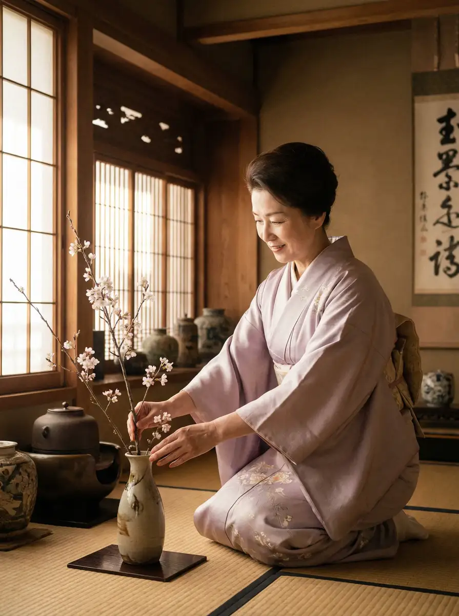 一位优雅的 阿里体育平台 在和室中插花